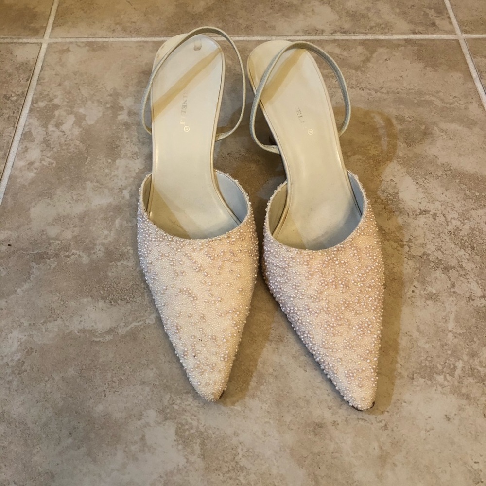 Pearl embellished cream colored sling back heels